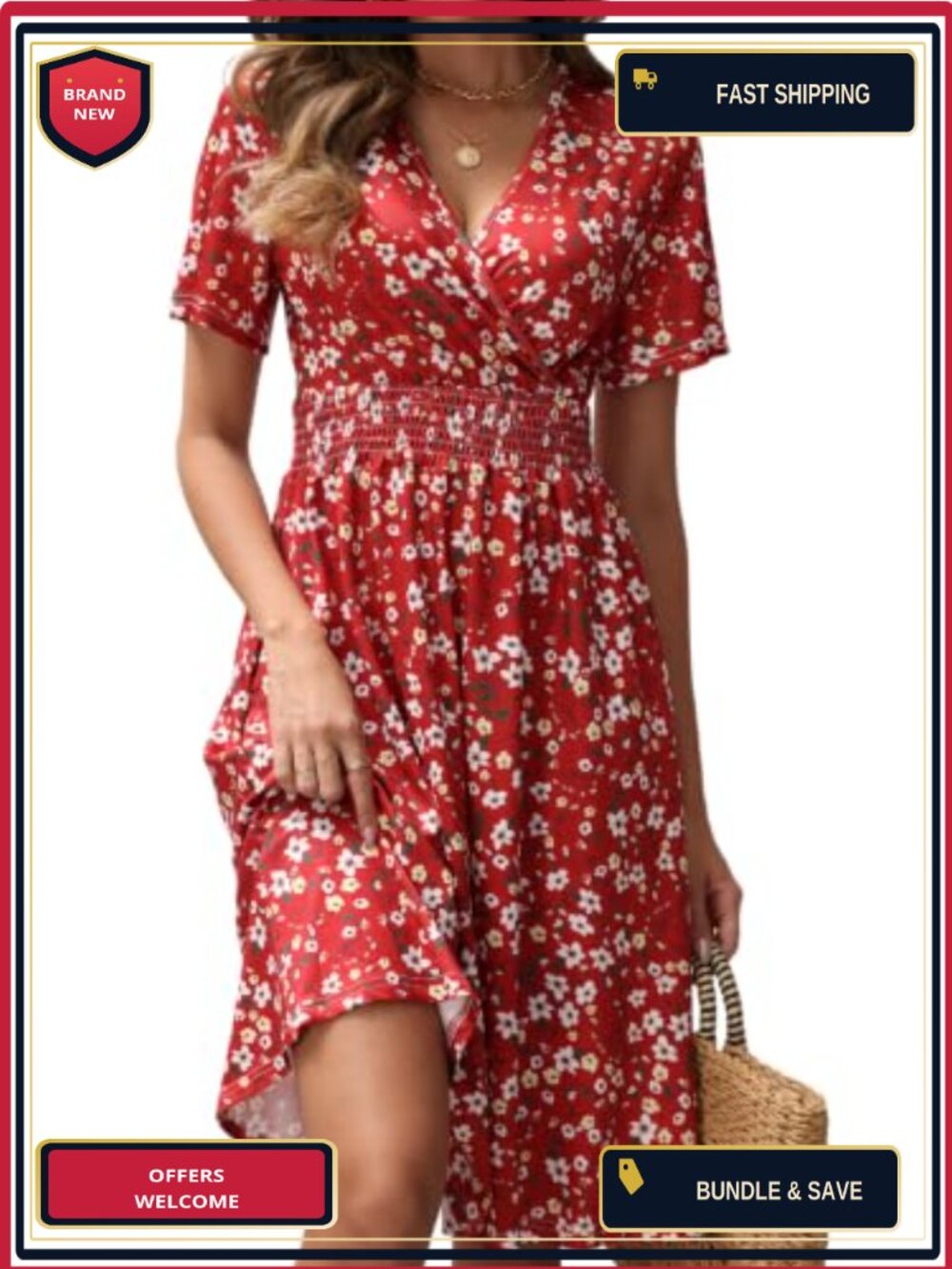 Midi Wrap Dress V-Neck Short Sleeve Empire Waist with Pockets Summer A-Line
